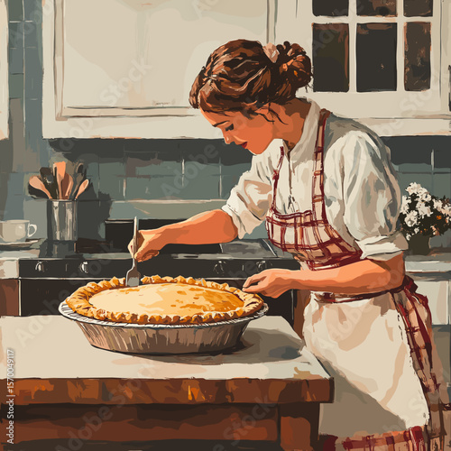 Woman baking pie in vintage kitchen with a focused expression  