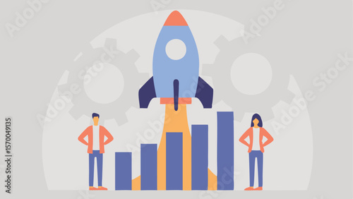 Illustration of a rocket launching over a bar graph with two people standing beside it and gears in the background