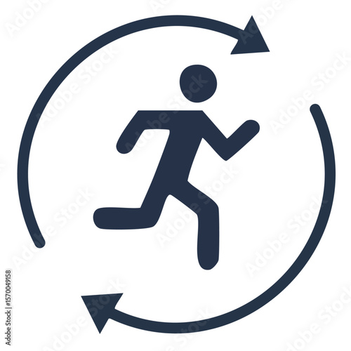 Emergency Assembly Point   circle with running figure and arrow, flat design