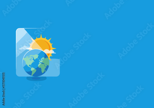 Protection of the ozone layer is essential, showing world globe and sun illustration with a shield. Global protection against sun rays is visualized in bright colors,