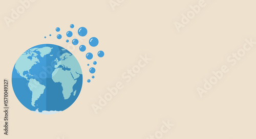 Illustrated globe showing International Day for the Protection of the Ozone Layer with a scattering of blue water droplets.