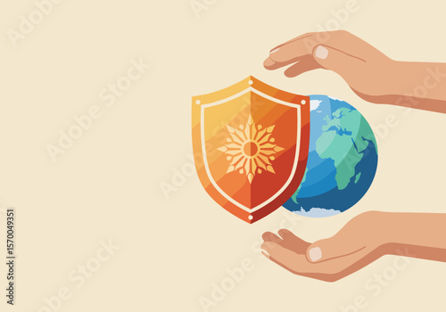 Hands protecting earth, celebrating International Day for the Protection of the Ozone Layer. Shield protects planet earth; hands protect environment and climate, taking care of ozone layer.