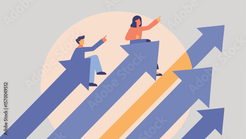 People sitting on arrows pointing upwards indicating growth and success in a business environment scene