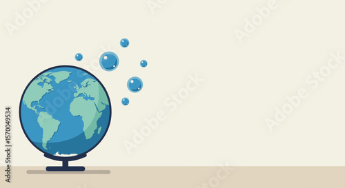 Protection of the Ozone Layer with a globe and bubbles, symbolizing care for environment. Concept protection of the Ozone Layer includes earth globe and air bubbles on beige background.