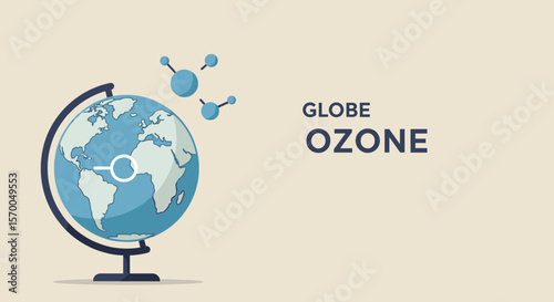 Illustrated globe shows Ozone protection for International Day for the Protection of the Ozone Layer. Globe shows earth with stylized representation of ozone, a crucial layer.