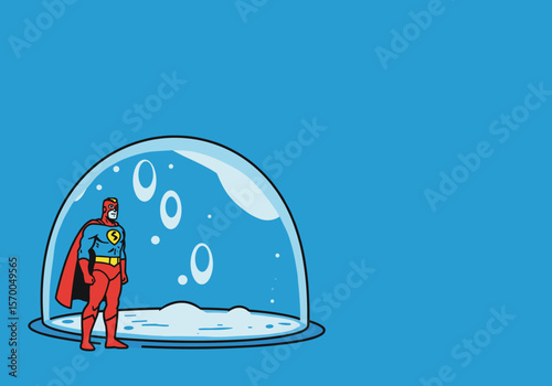 Hero protects ozone layer, illustrated concept showing planet protector inside of a dome, International Day for Protection of the Ozone Layer. Superhero stands guard under fragile shield,