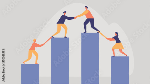 People collaborating and helping each other to climb up on blue pillars with a light background design