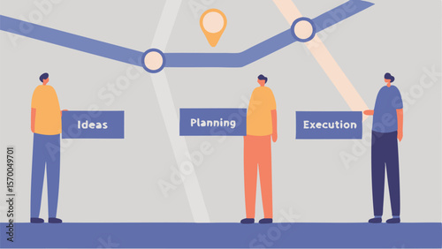 Illustration of three people standing next to signs labeled ideas planning and execution with a roadmap above