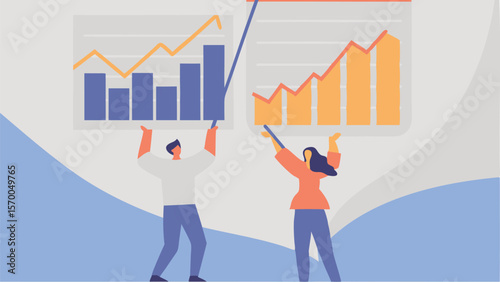 People presenting bar and line graphs showing financial growth and data analysis in a business setting