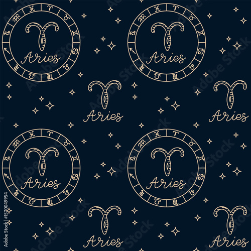 Seamless pattern with Aries zodiac sign, astrology symbols and star elements on dark background. Concept of horoscope, cosmic energy, and mystic celestial design.