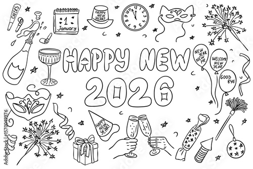 Happy New Year 2026 coloring page with festive elements like balloons, champagne, masks, fireworks, and confetti. Concept of celebration, joyful holiday spirit, and creative activity.