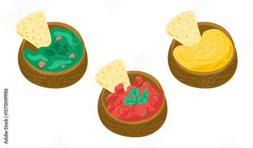 Set of Mexican dips in wooden bowls with tortilla chips, including guacamole, salsa, and cheese sauce. Concept of traditional snack, festive appetizer, and delicious party food.