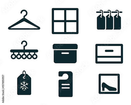 Minimalist Closet Icons. Flat icon set of minimalist closet organization: slim hangers, sectioned shelf