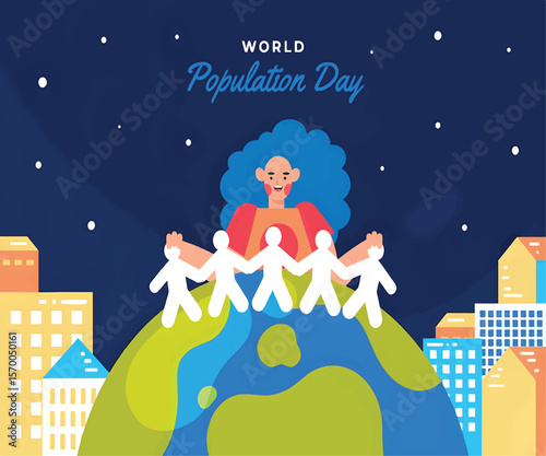World Population Day people surrounding planet concept in flat style