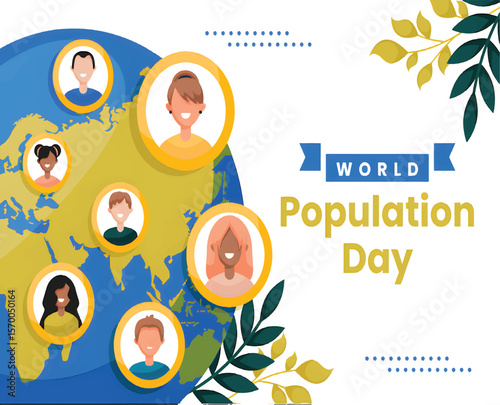 World Population Day flat design showing earth with growing population figures