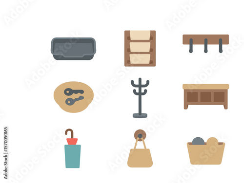 Entryway Storage Icons. Flat icon set of entryway storage solutions: shoe tray, mail sorter, wall hooks, key