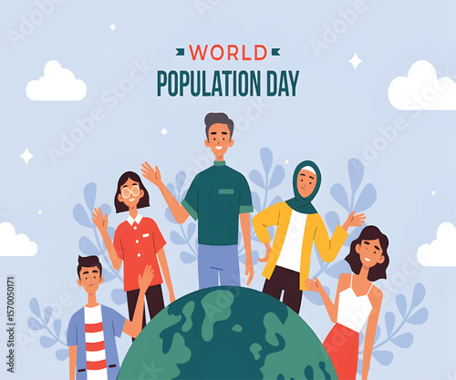 World Population Day global crowd illustration with earth and flat background

