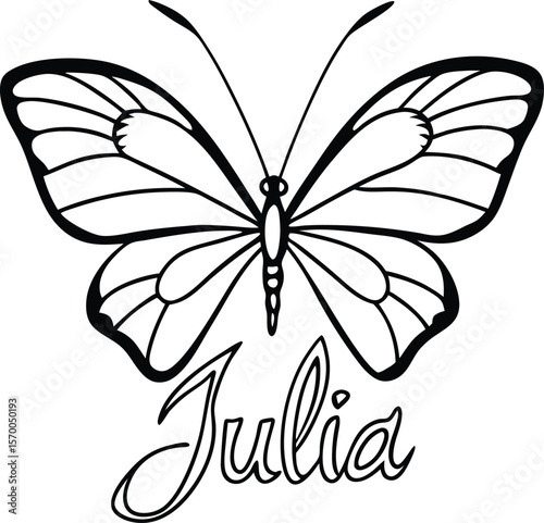 line art butterfly with julia name text in cursive script isolated on white background, julia butterfly outline vector, name butterfly line art, butterfly sketch with text

