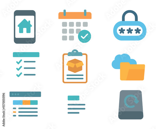 Smart Home Icon Grid. Flat icon set of digital home organization tools: smart home app, shared calendar,