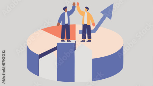 Two people high fiving on top of a pie chart with an arrow pointing upwards showing business growth
