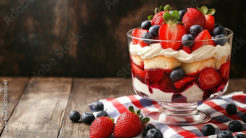 Layered berry trifle dessert in a glass dish with strawberries, blueberries, whipped cream, and cake. This image represents summer celebration and sweet indulgence concept