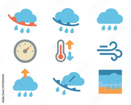 Meteorological Icon Set. Flat icon set of meteorological rain triggers: warm air front, cold air front, humid