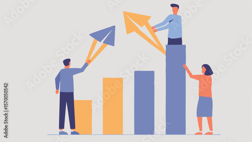 People interacting with bar graph and arrows pointing upward representing growth and achievement goal