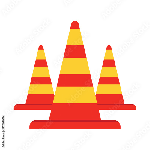 Yellow traffic cone barricade warning sign for roadwork safety with pylon and hazard alert