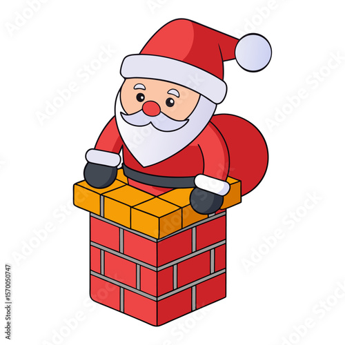 Cartoon Santa Claus emerging from a red brick chimney with a yellow top Christmas