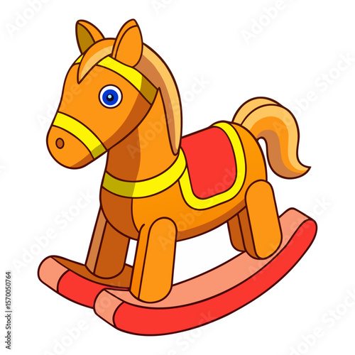 Cartoon rocking horse with orange body blue eye and red saddle yellow