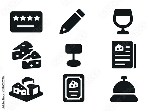 Cheese Tasting Icons. Solid, filled icons set of cheese tasting party: rating card, pencil, palate cleanse
