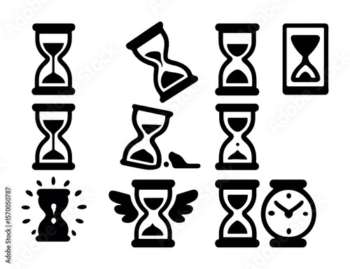 Diverse Hourglass Icons. Solid, filled icons set of hourglass: classic hourglass, tilted hourglass, half-empty