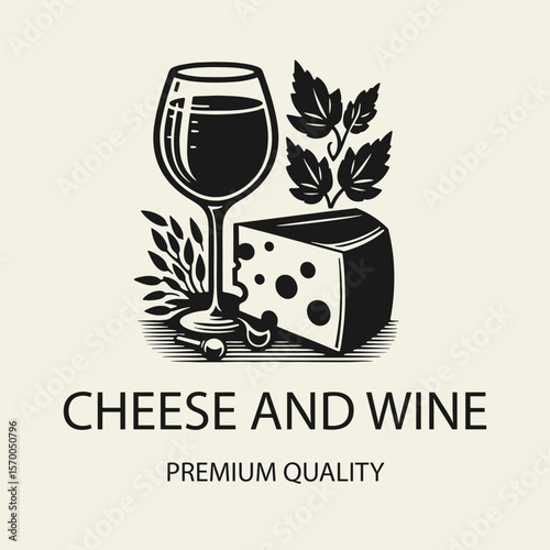 Black and white flat vector logo featuring a piece of cheese and a wine glass. Minimalist design perfect for wine shops, cheese labels, restaurants, and gourmet branding.