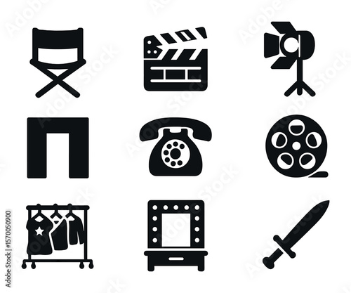 Film Props Icons. Solid, filled icons set of film props and set decor: director's chair, movie clapperboard,