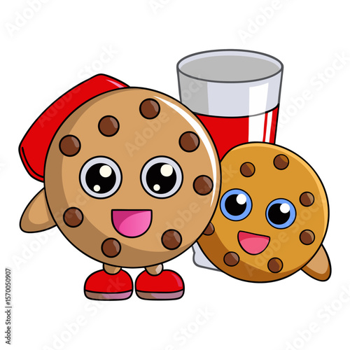 Two happy cartoon chocolate chip cookies with a glass of milk cute food