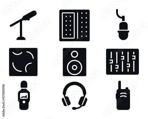 Sound Stage Essentials Icons. Solid, filled icons set of sound stage essentials: boom mic, soundproof panel,
