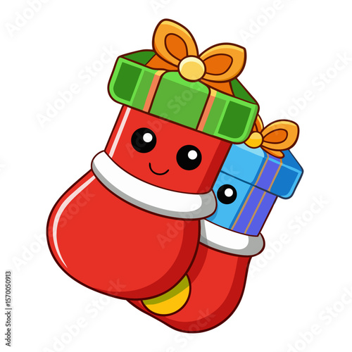 Two cartoon christmas stockings with gifts and bows vector