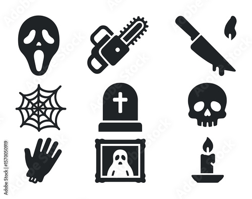 Horror Prop Icons. Solid, filled icons set of horror movie props: spooky mask, chainsaw, bloody knife, fake