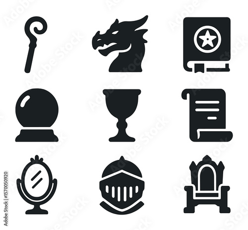 Fantasy Movie Prop Icons. Solid, filled icons set of fantasy movie props: magic staff, dragon head, spellbook,