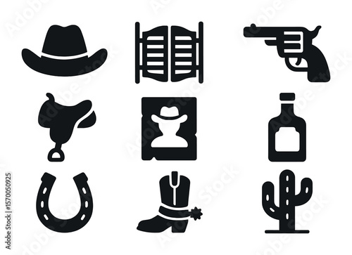 Western Icon Set. Solid, filled icons set of western film props: cowboy hat, saloon door, revolver, saddle,