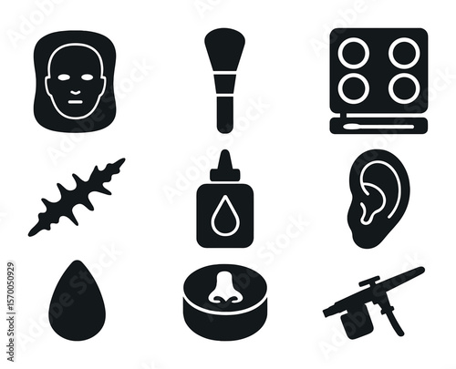 Makeup and Prosthetic Tools. Solid, filled icons set of makeup and prosthetic tools: latex mold, face brush,