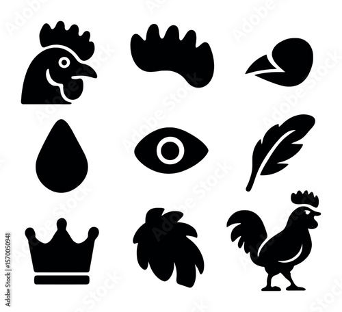 Rooster Anatomy Icons. Solid, filled icons set of rooster comb anatomy: rooster head, comb shape, beak,