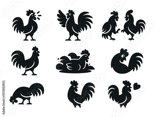 Rooster Behavior Icons. Solid, filled icons set of rooster communication and behavior: crowing, flapping wings