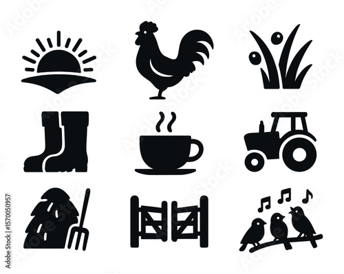 Rural Morning Icons. Solid, filled icons set of rural morning scenes: sunrise, rooster crowing, dew on grass,