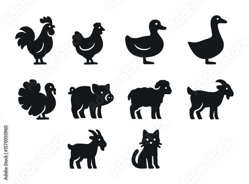Farmyard Animal Icons. Solid, filled icons set of farmyard animals: rooster, hen, duck, goose, turkey, piglet,