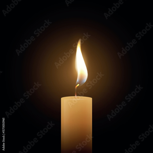 Realistic Vector Candle Flame Clipart on Dark Background. Single Wax Pillar Candle with Soft Warm Glow and Flickering Flame, Ambient Lighting Design Template for Web, Print, Logo Design