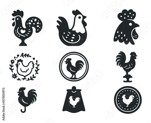 Decorative Rooster Icons. Solid, filled icons set of decorative rooster designs: folk art rooster, ceramic