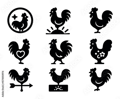Rooster Symbolism Icons. Solid, filled icons set of rooster symbolism in culture: zodiac rooster, dawn