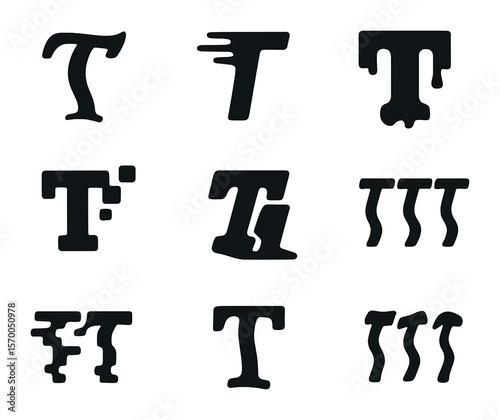 Typography Distortion Icons. Solid, filled icons set of typography distortion: twisted letters, blurry text,