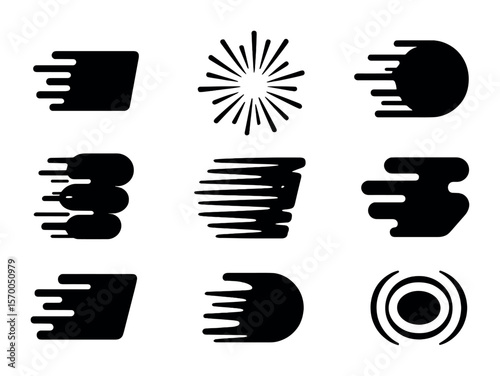 Speed Iconography Grid. Solid, filled icons set of speed-based visual blur: high-speed trail, zoom lines,